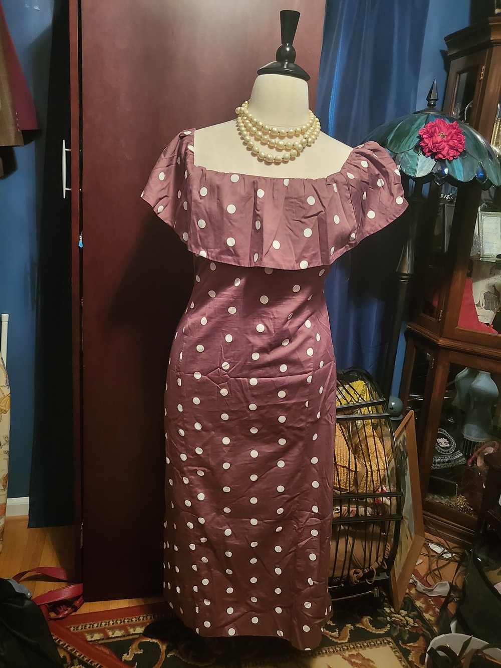 Polka Dot Off-Shoulder Midi Dress in Brown